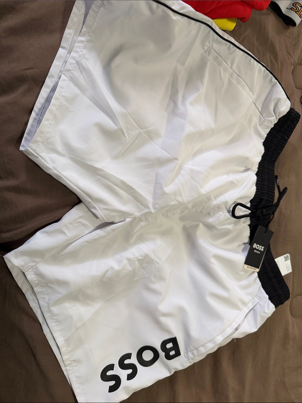 BOSS White Athletic Shorts with Black Waistband and Logo